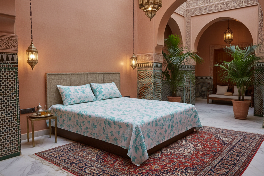Aqua Leafy Vine Floral Pure Cotton King Size Bedsheet | Soft & Breathable | With 2 Pillow Covers
