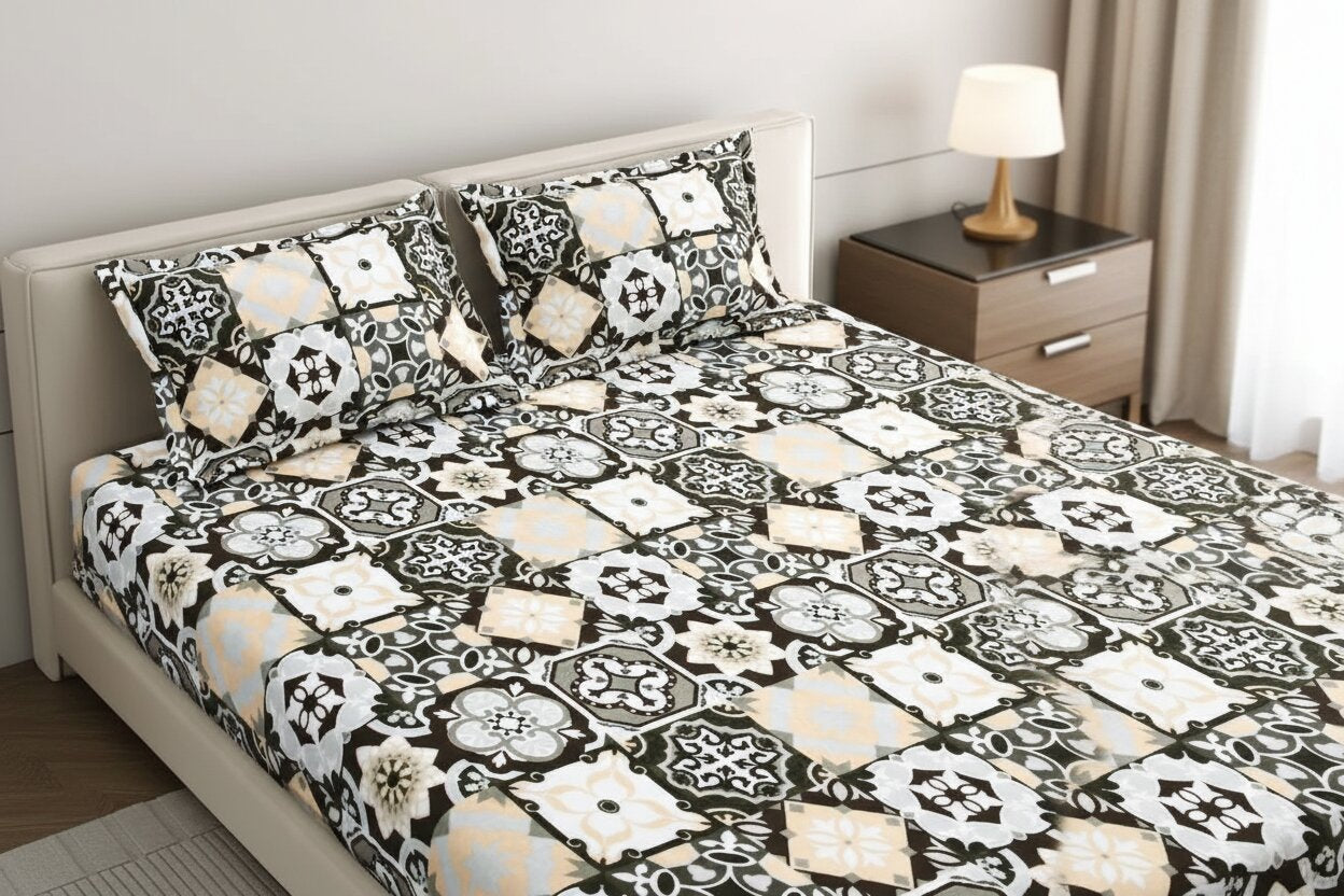 MVB Classic Tile Symphony Super Soft Velvet Double Bedsheet with Matching Pillow Covers