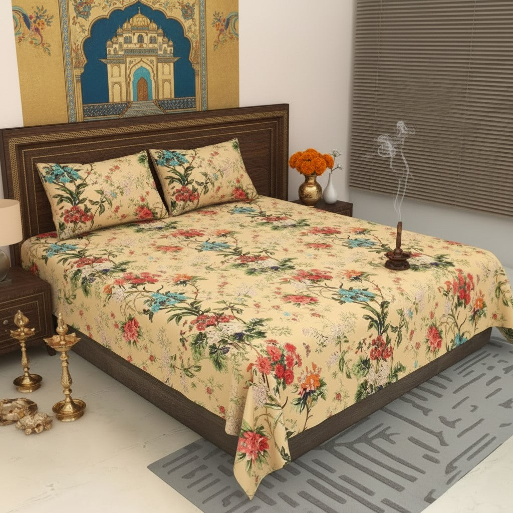 Golden Beige Tropical Floral Bouquet Pure Cotton King Size Bedsheet