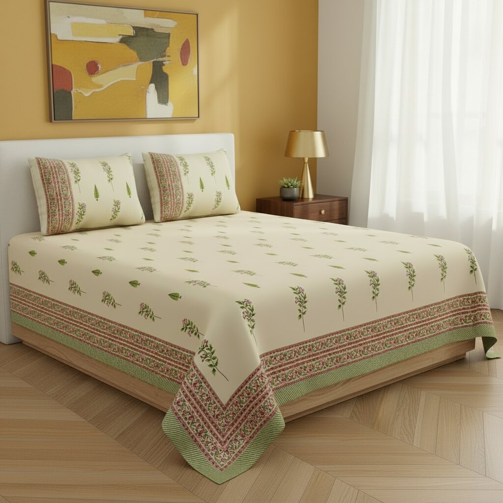 Warm Beige Base Pink & Green Botanical Hand Block Print King Size Bedsheet | 400 TC 100% Pure Cotton