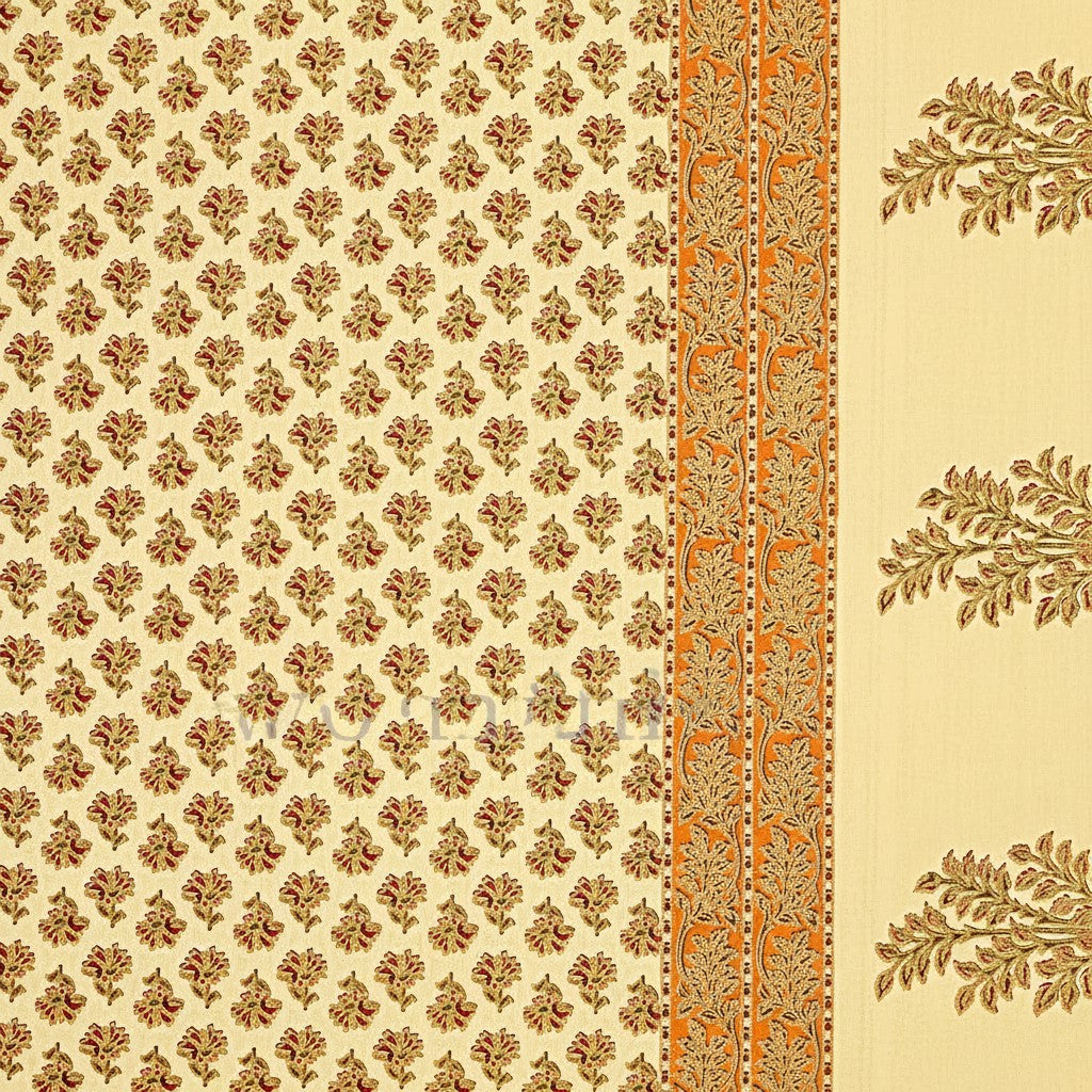 MVB Double Bed Sheet – Orange Border Cream Base Booti Pattern with Golden Print | Super Fine Cotton