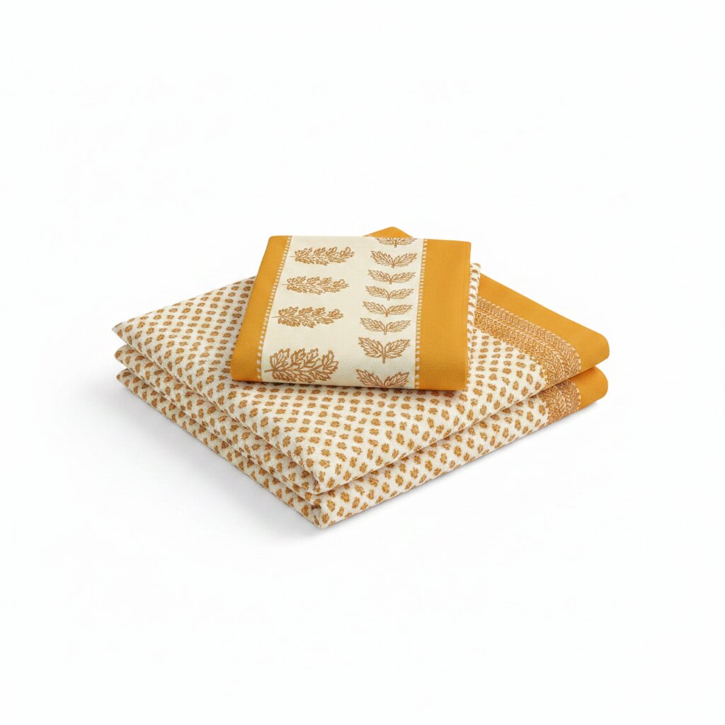 MVB Double Bed Sheet – Orange Border Cream Base Booti Pattern with Golden Print | Super Fine Cotton