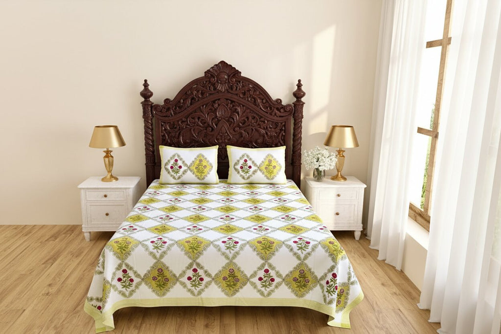 MVB Premium Floral Diamond Print 400 TC Pure Cotton King Size Bedsheet
