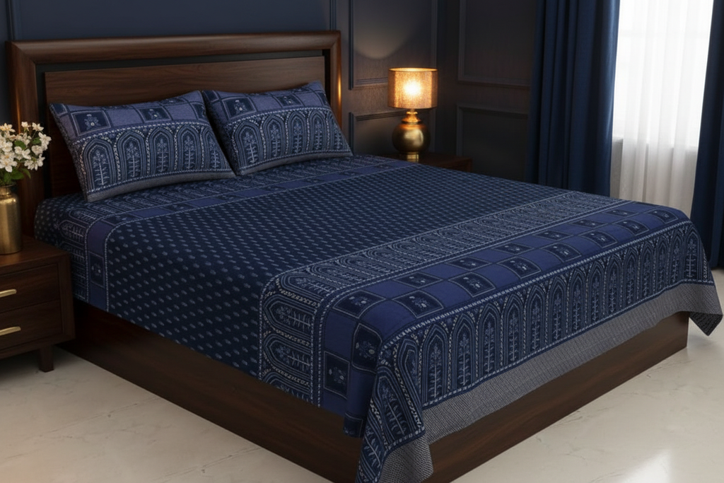 Navy Blue Mughal Bedsheet Royal Bedroom