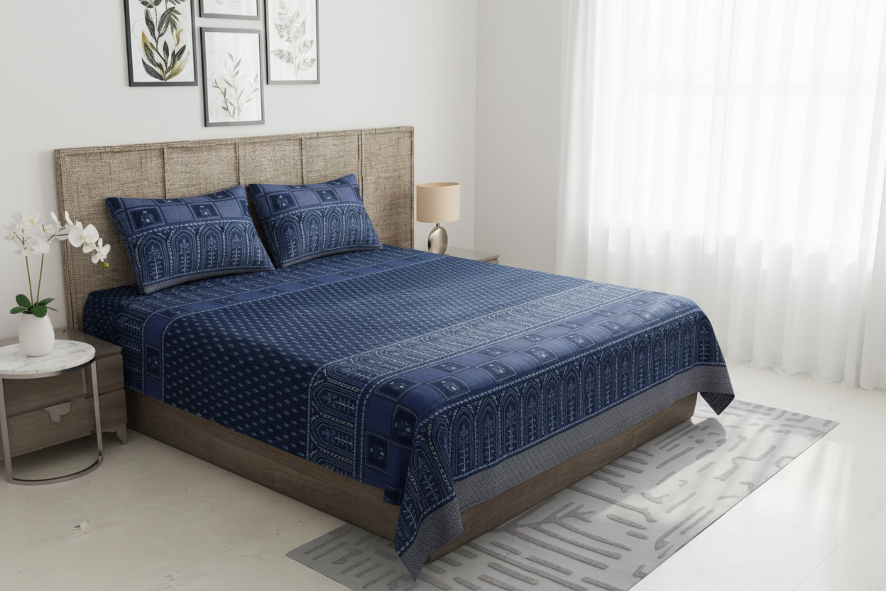 Navy Blue Mughal Bedsheet White Bedroom