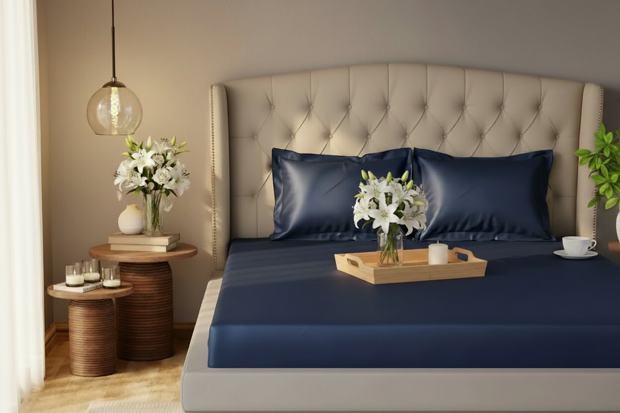 MVB Majestic Ink UltraSatin Fitted Bedsheet Set | Dreamy Blue | Double