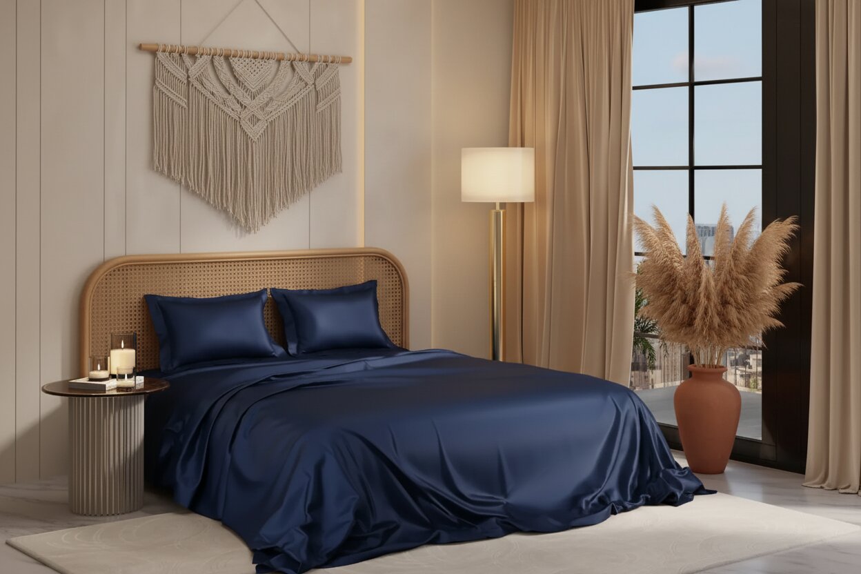 Navy Blue Dreamy UltraSatin Double Flat Bedsheet Set – Silky Smooth Luxury