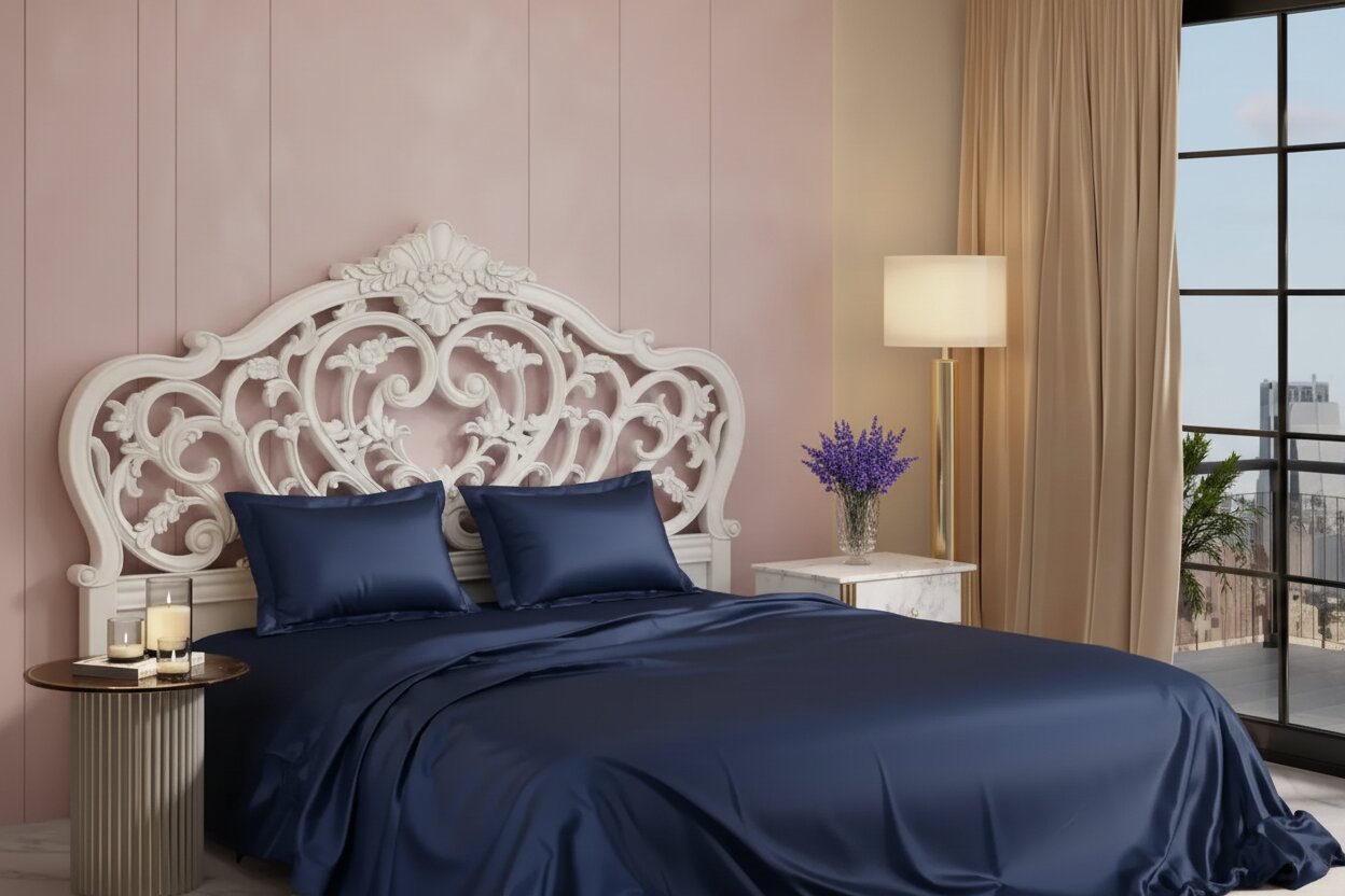 Navy Blue Dreamy UltraSatin Double Flat Bedsheet Set – Silky Smooth Luxury