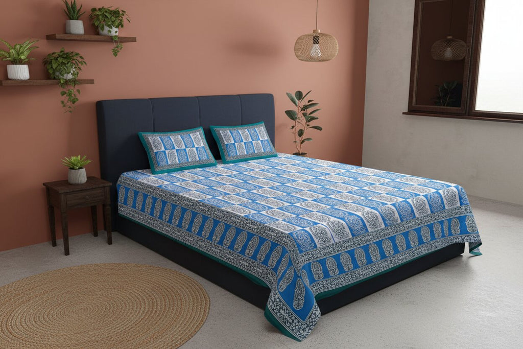 Double Bedsheet Sky Blue Checkered Design | 100% Fine Cotton | 240 TC | Set of 3 | MVB YUGVIGYANA