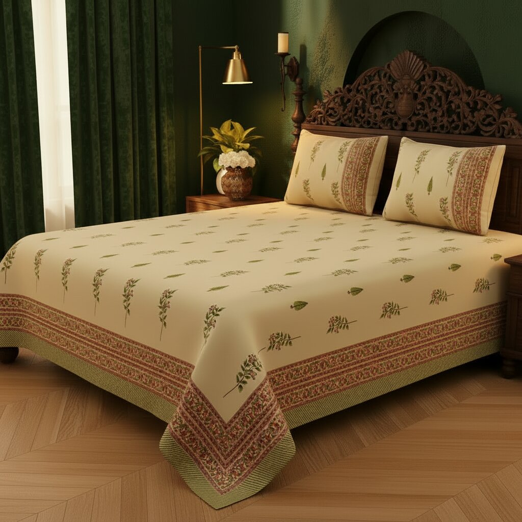 Warm Beige Base Pink & Green Botanical Hand Block Print King Size Bedsheet | 400 TC 100% Pure Cotton