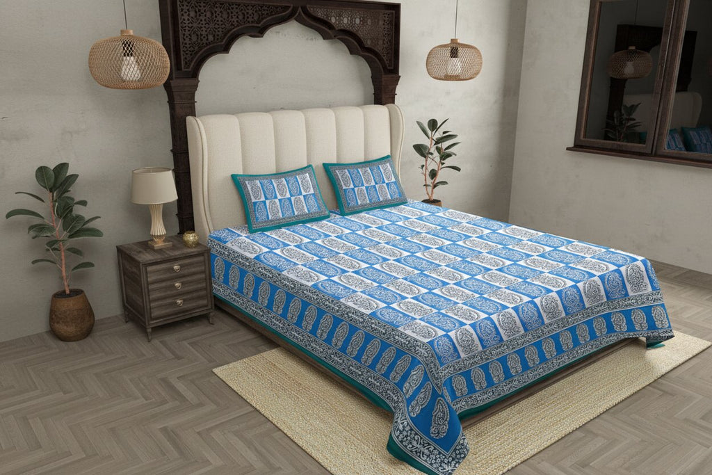 Double Bedsheet Sky Blue Checkered Design | 100% Fine Cotton | 240 TC | Set of 3 | MVB YUGVIGYANA
