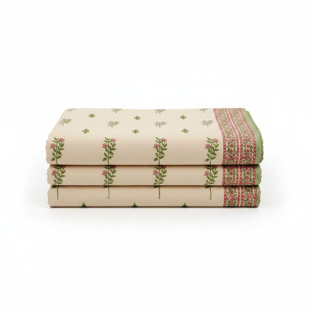 Warm Beige Base Pink & Green Botanical Hand Block Print King Size Bedsheet | 400 TC 100% Pure Cotton