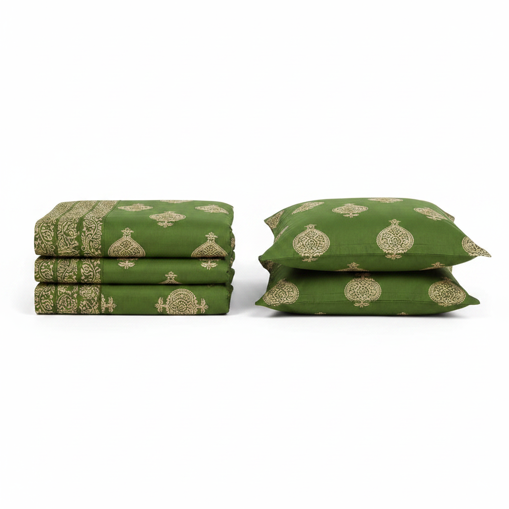 Mahendi Green Khadi Silk Hand Block Print Double Bedsheet | 240 TC | 5 Piece Set