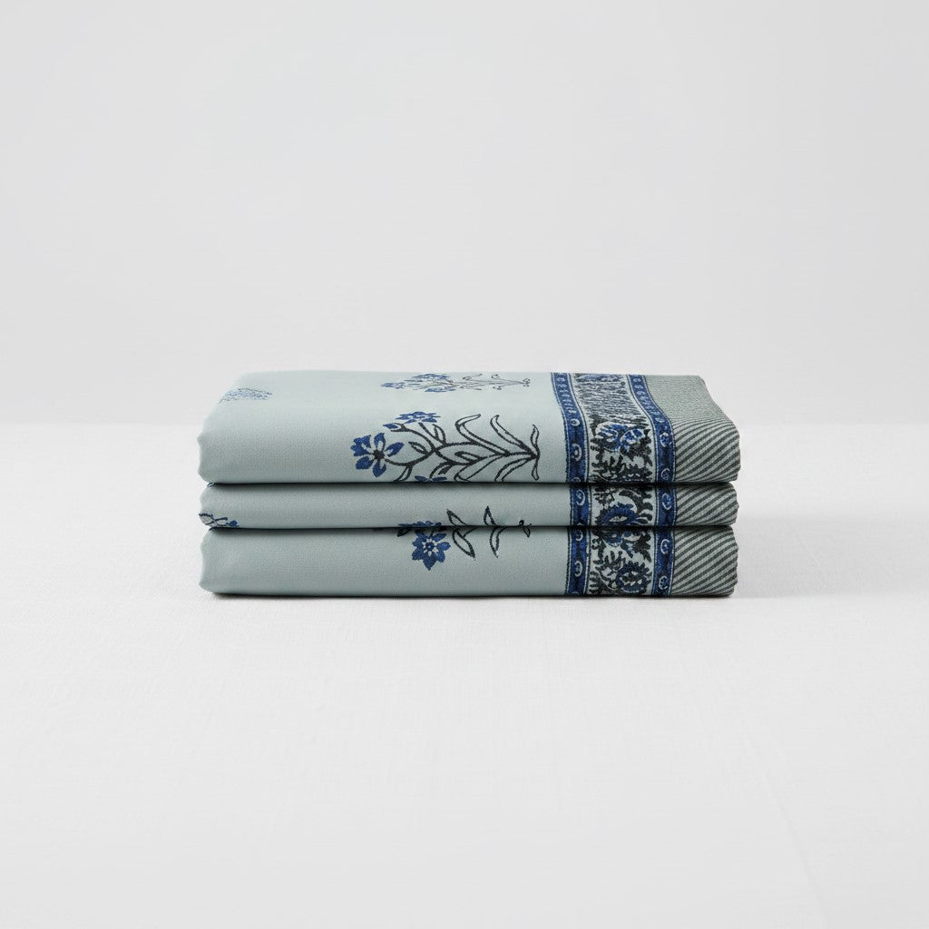 Powder Blue Indigo Floral Hand Block Print King Size Bedsheet | 400 TC 100% Pure Cotton