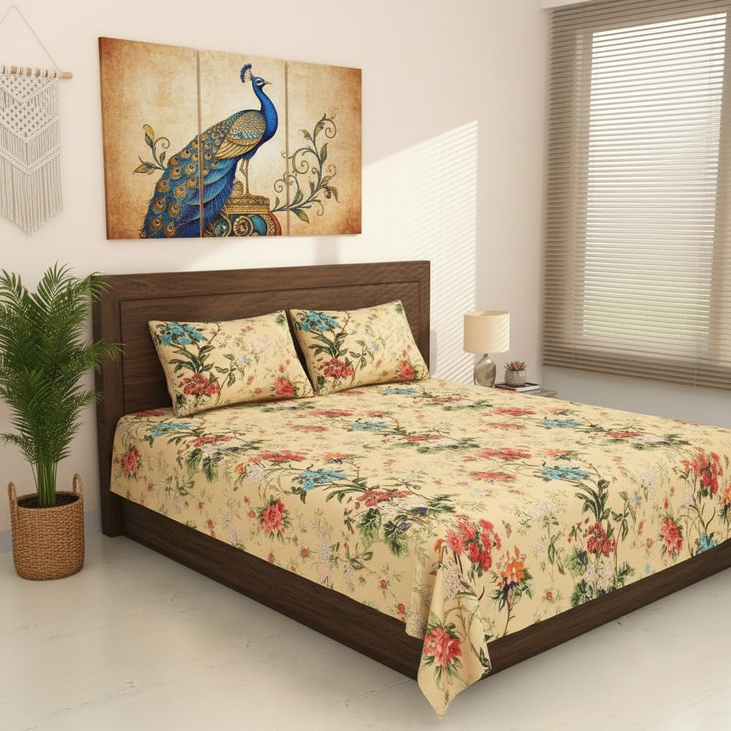 Golden Beige Tropical Floral Bouquet Pure Cotton King Size Bedsheet