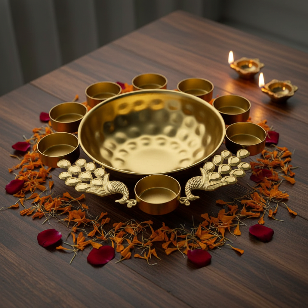 Peacock Urli - Wooden Table Setting