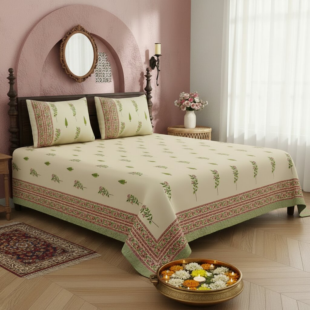 Warm Beige Base Pink & Green Botanical Hand Block Print King Size Bedsheet | 400 TC 100% Pure Cotton