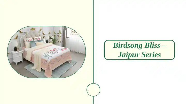 Traditional Jaipur handblock printed bedsheet featuring birdsong motif
