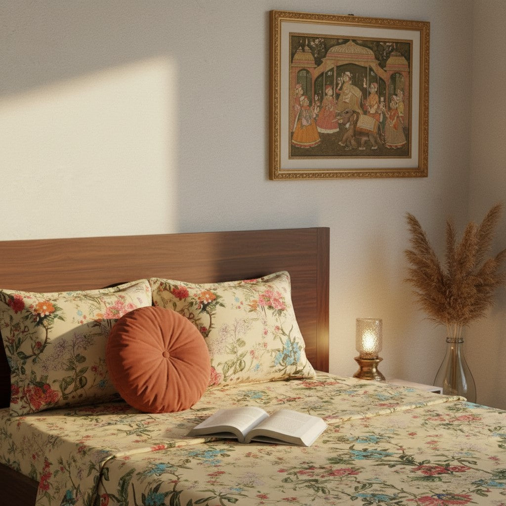 Golden Beige Tropical Floral Bouquet Pure Cotton King Size Bedsheet