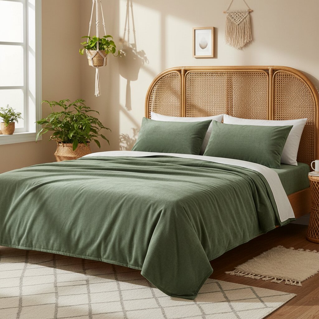 MVB Serene Sage Green Velvet Double Bedsheet - Walnut Bed with Lamp