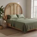 MVB Serene Sage Green Velvet Double Bedsheet - Boho Rattan Bed Setting