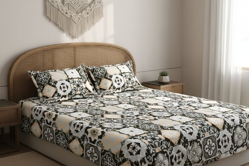 MVB Classic Tile Symphony Super Soft Velvet Double Bedsheet with Matching Pillow Covers