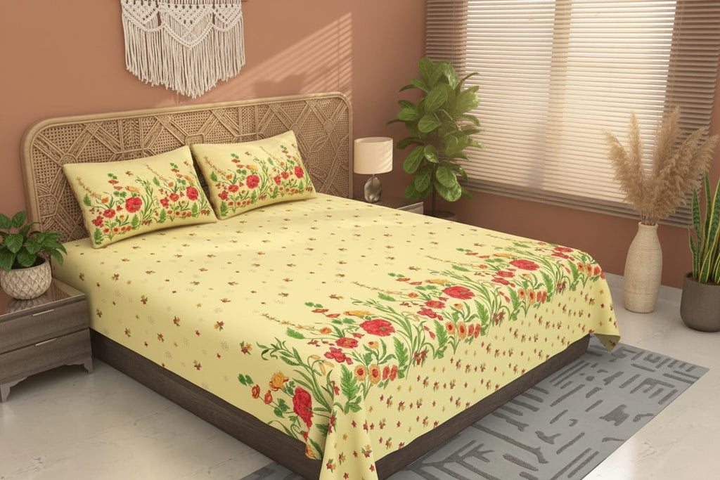 Pale Yellow Poppies in Bloom Pure Cotton King Size Bedsheet