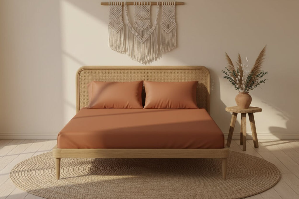 Terracotta UltraSatin Fitted Double Bedsheet with 2 Pillow Covers | MVBDFT41