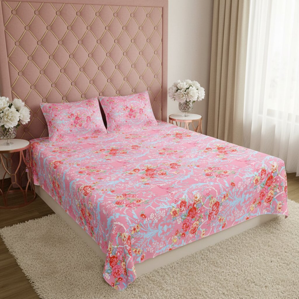 Rose Garden Bliss Double Bedsheet | 160 TC Poly Cotton | 2 Pillow Covers