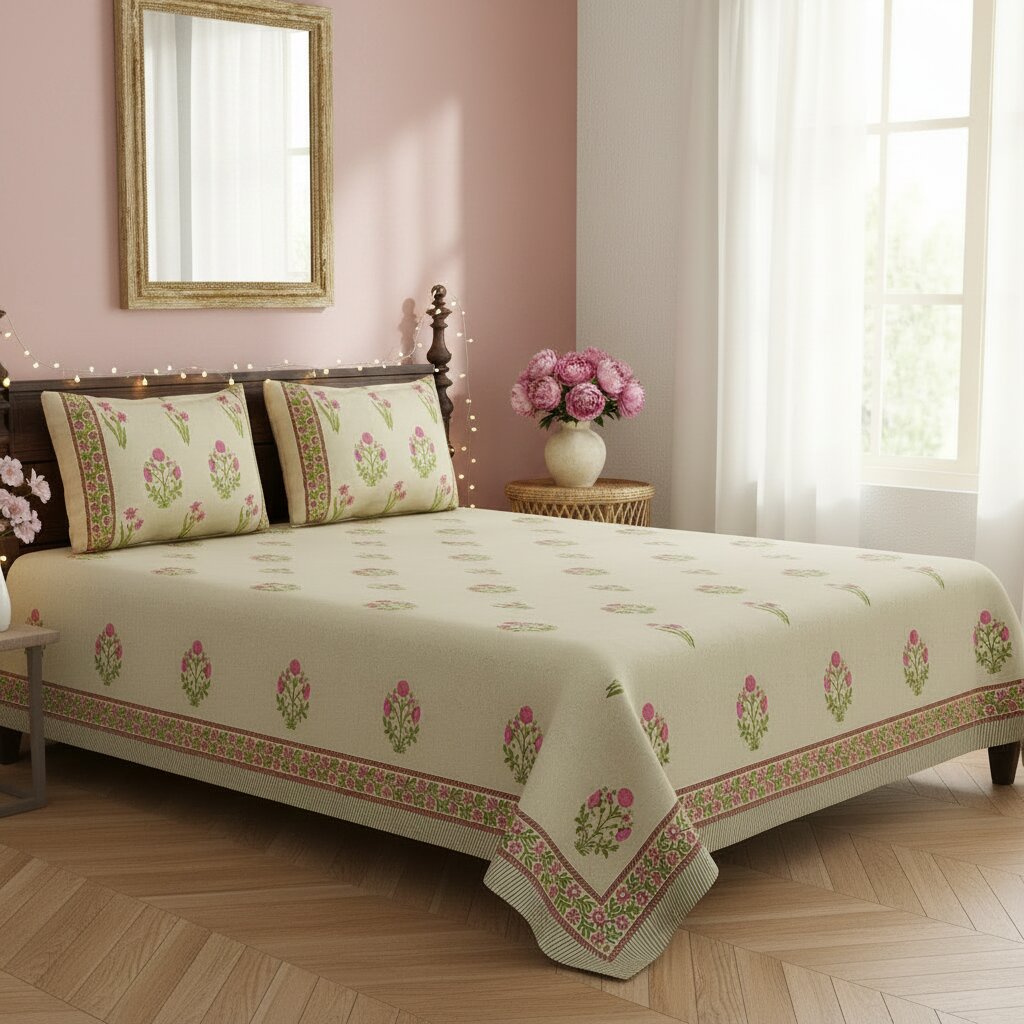 Sand Base Bright Pink Floral Hand Block Print King Size Bedsheet | 400 TC 100% Pure Cotton | Set of 3