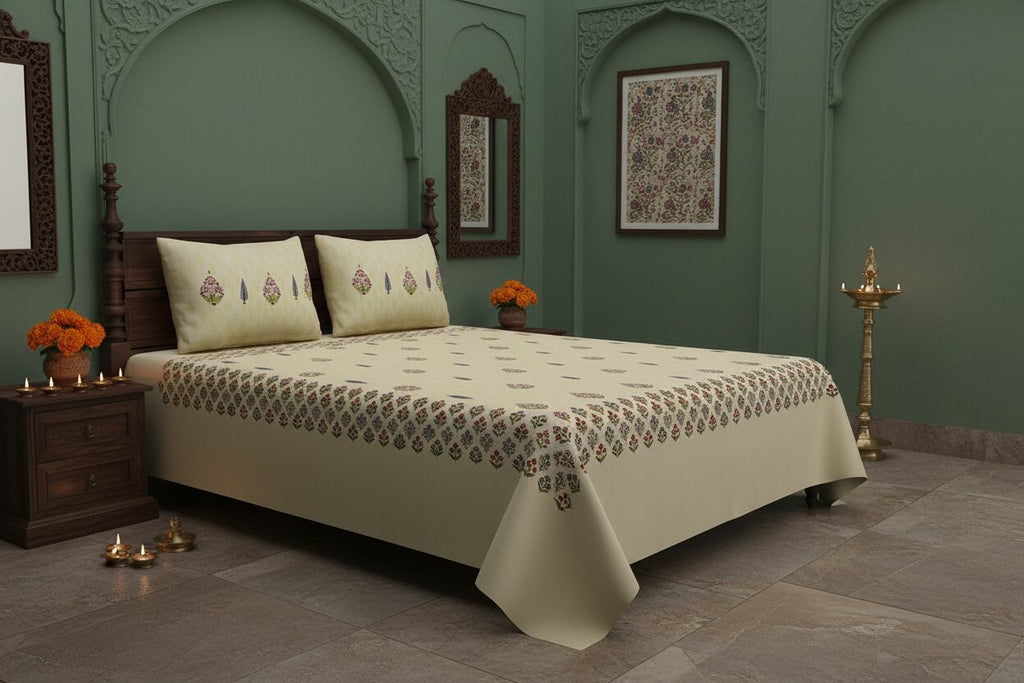 Cream Base Multi-Color Floral Motif Hand Block Print King Size Bedsheet | 100% Pure Cotton