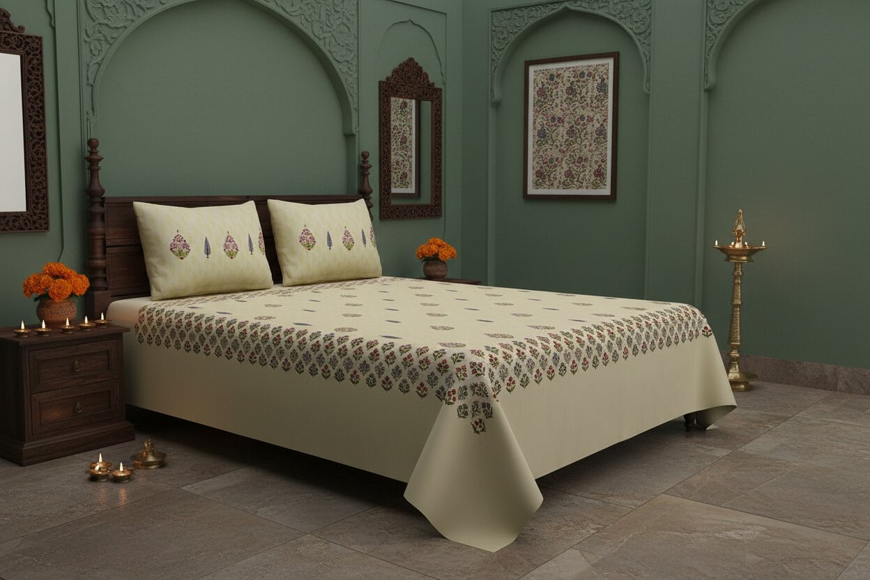 Cream Base Multi-Color Floral Motif Hand Block Print King Size Bedsheet | 100% Pure Cotton