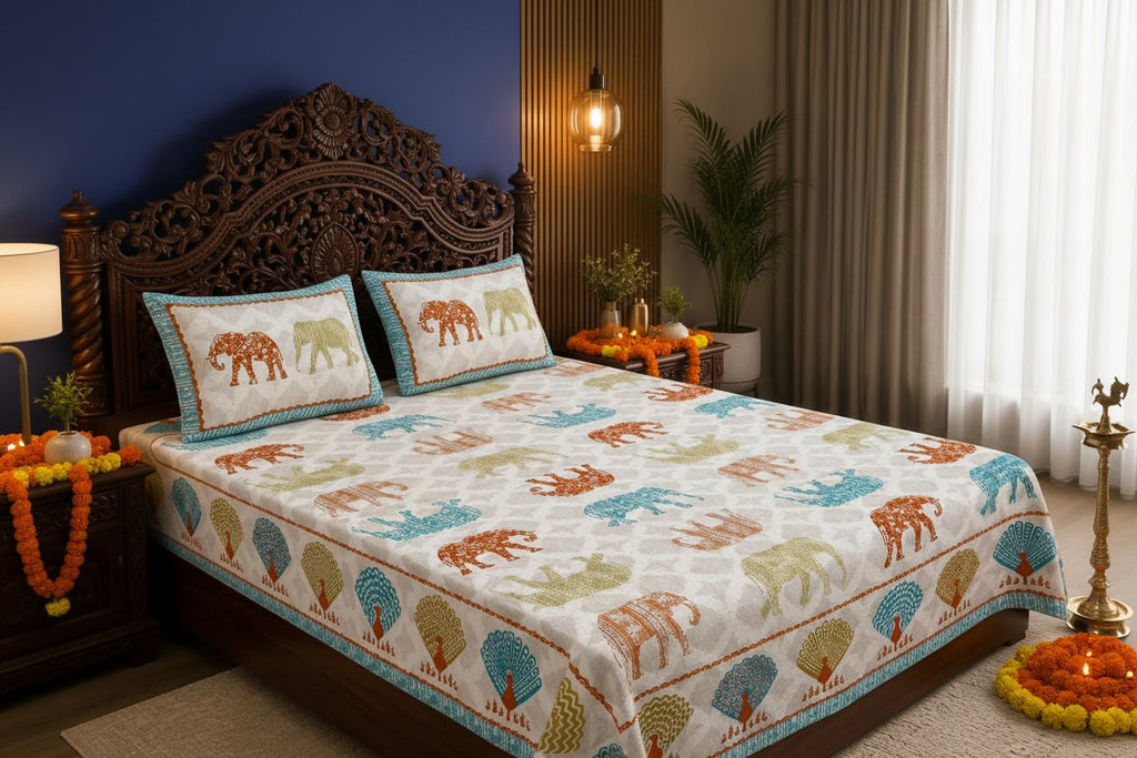 MVB Jungle Safari Blue Double Bed Sheet Set | 100% Pure Cotton | 210 TC | 3 Pcs