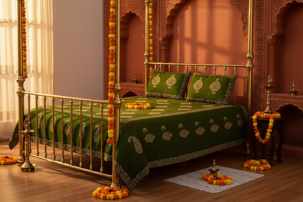 Mahendi Green Khadi Silk Hand Block Print Double Bedsheet | 240 TC | 5 Piece Set