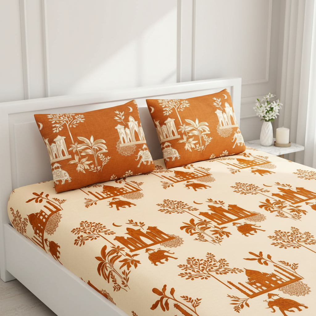 Royal Heritage King Size Bedsheet Set | Rajasthani Block Print | 180 TC Microfiber | 274x274 cm | 3 Pcs