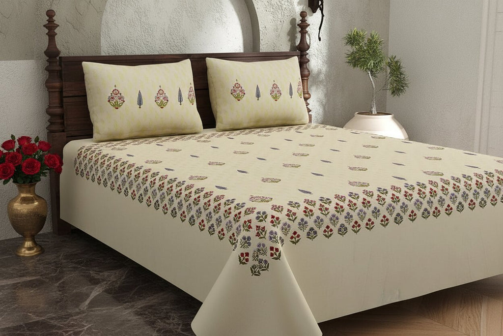 Cream Base Multi-Color Floral Motif Hand Block Print King Size Bedsheet | 100% Pure Cotton