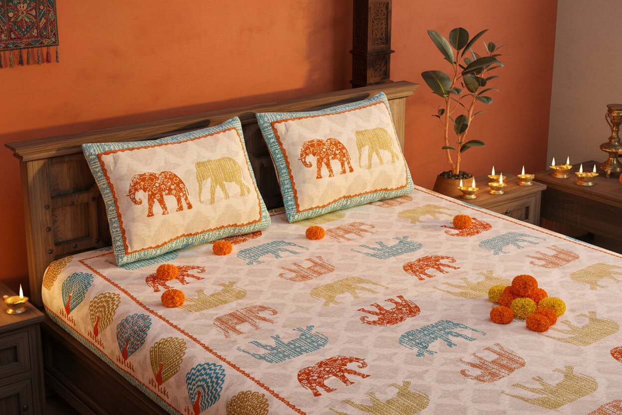 MVB Jungle Safari Blue Double Bed Sheet Set | 100% Pure Cotton | 210 TC | 3 Pcs