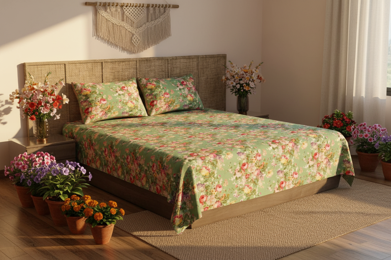 Sage Green Floral Bedsheet Boho Bedroom