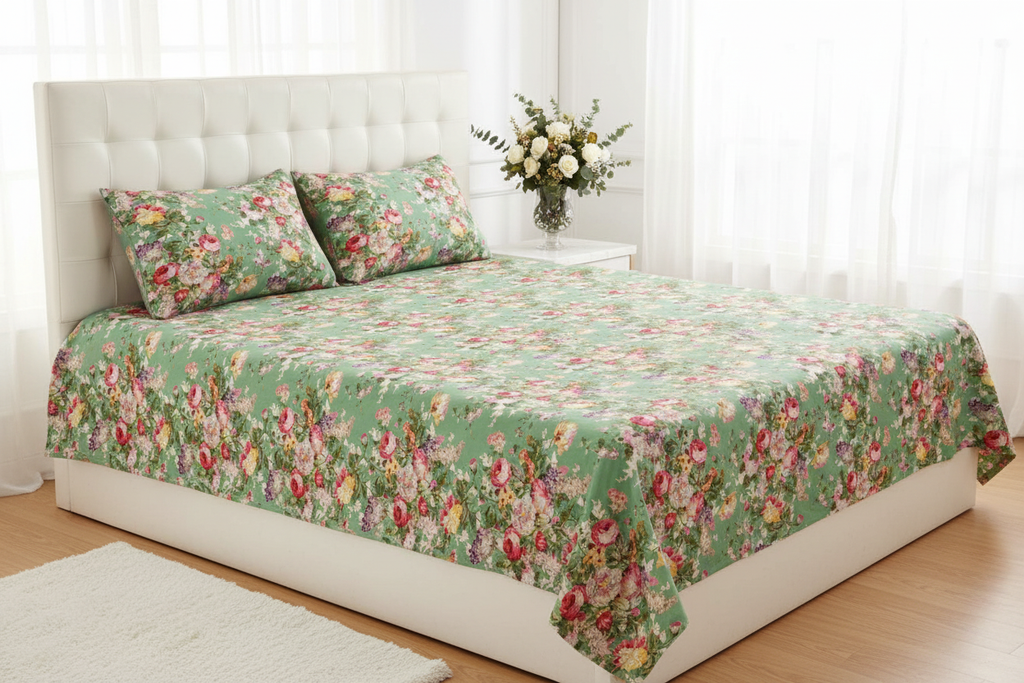 Sage Green Floral Bedsheet White Bedroom