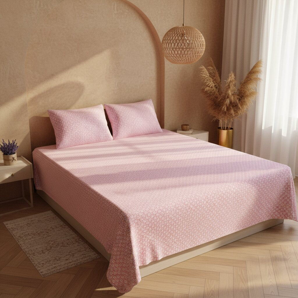 Rose Structured Web Double Bedsheet | Premium Pink Geometric Cotton Bedsheet with 2 Pillow Covers