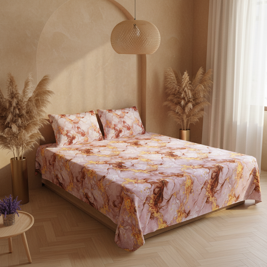 Bronze Metallic Wave Double Bedsheet | 160 TC Poly Cotton | 2 Pillow Covers