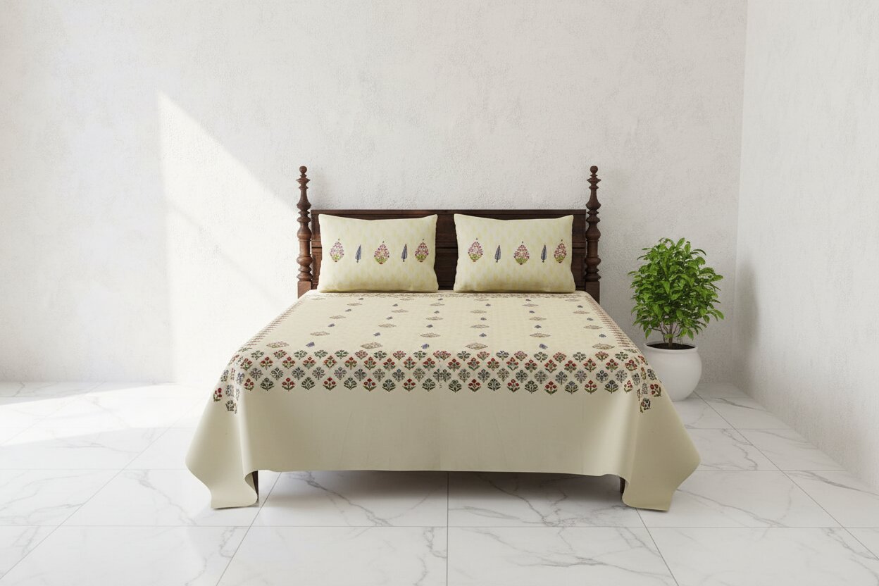 Cream Base Multi-Color Floral Motif Hand Block Print King Size Bedsheet | 100% Pure Cotton