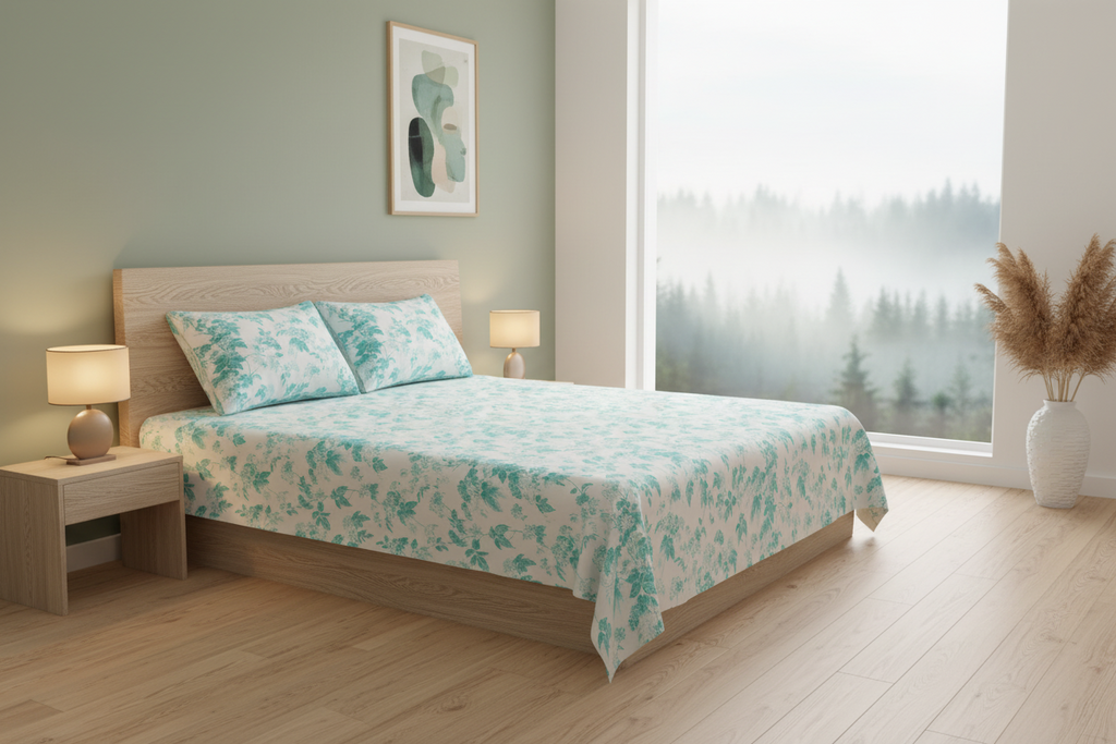 Aqua Leafy Vine Floral Pure Cotton King Size Bedsheet | Soft & Breathable | With 2 Pillow Covers