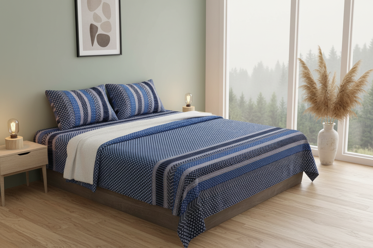 Dark Blue Geometric Stripe & Chevron Pure Cotton King Size Bedsheet