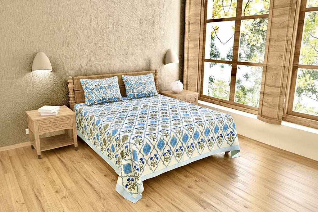 MVB Ultra Premium Block Print King Size Bed Sheet Set | 400 TC | 100% Pure Cotton | 3 Pcs