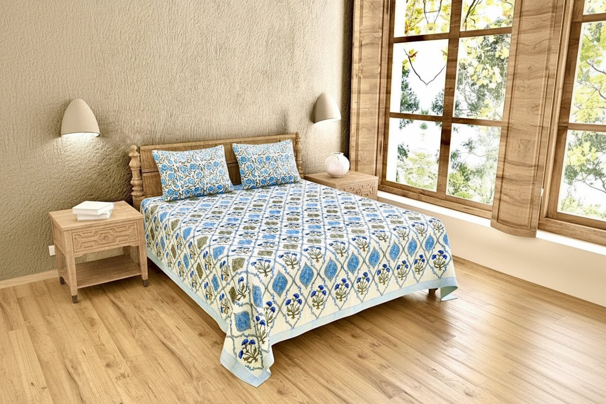 MVB Ultra Premium Block Print King Size Bed Sheet Set | 400 TC | 100% Pure Cotton | 3 Pcs