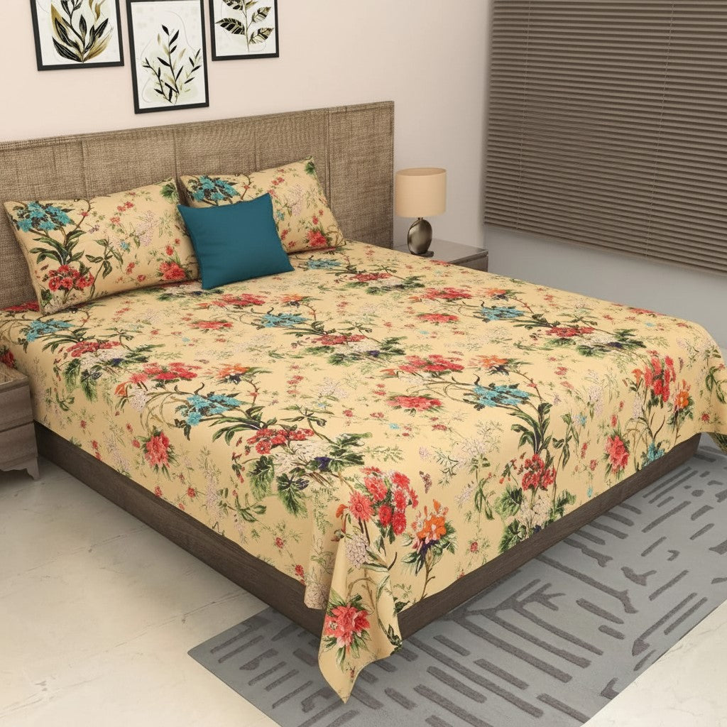 Golden Beige Tropical Floral Bouquet Pure Cotton King Size Bedsheet