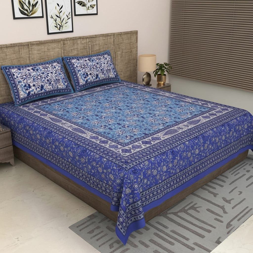 Indigo Blue Classic Royal Buti Pure Cotton King Size Bedsheet