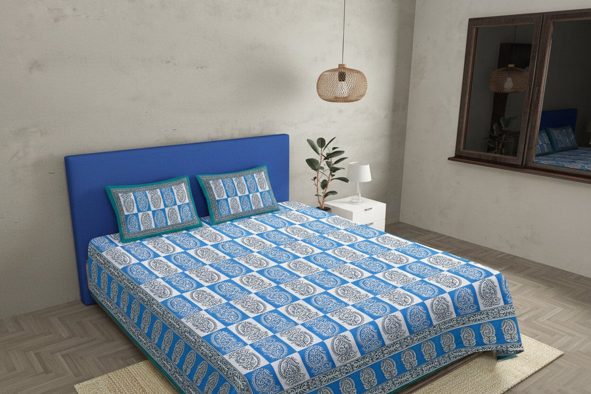 Double Bedsheet Sky Blue Checkered Design | 100% Fine Cotton | 240 TC | Set of 3 | MVB YUGVIGYANA