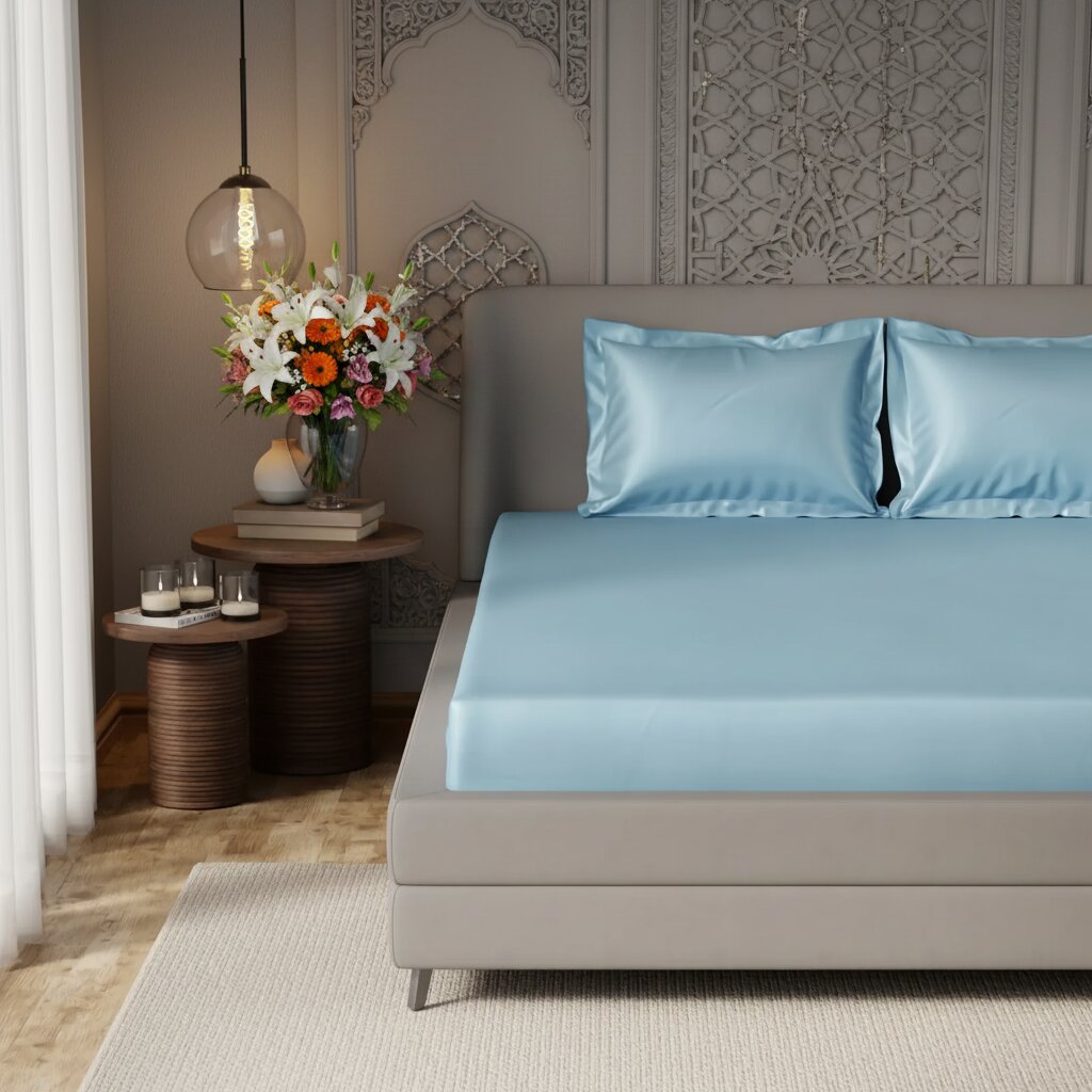 MVB Dreamy UltraSatin Silky Smooth Fitted Double Bedsheet Set – Light Blue